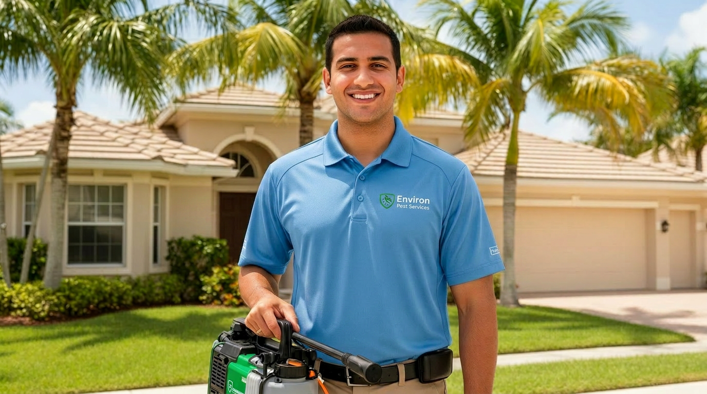 Environ Pest Services technician in front of South Florida home