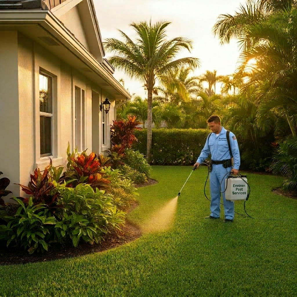 Technician applying eco-friendly treatment to South Florida home